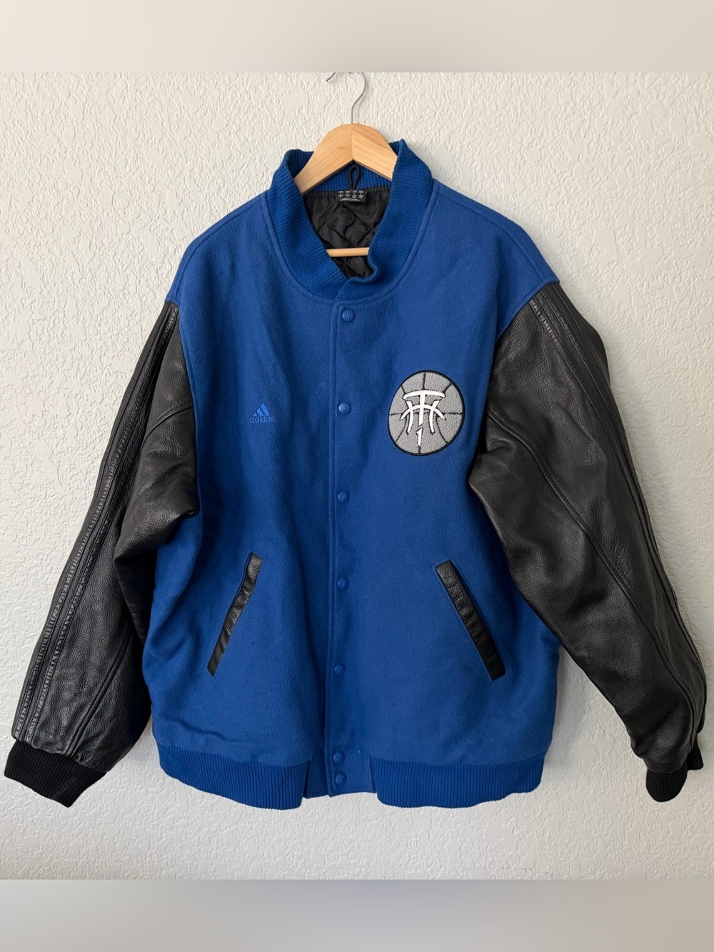 adidas Tracy McGrady T Mac Blue Sz L and Black Varsity Jacket w Leather Sleeves
